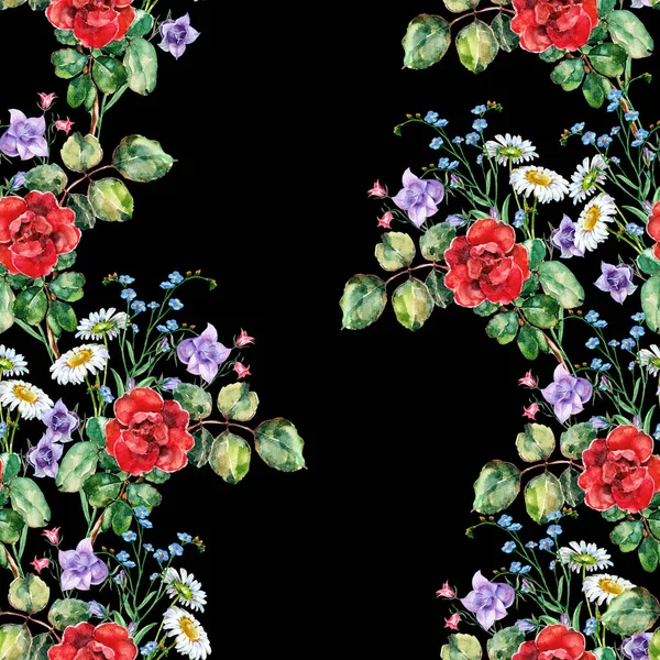 花の水彩画 スカーレットは黒の背景にシームレスなパターンをバラ — ストック写真