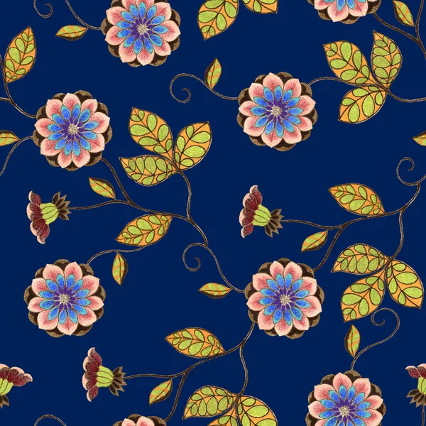 Aquarela Pintura Flores Padrão Sem Costura Floral Fundo Azul — Fotografia de Stock