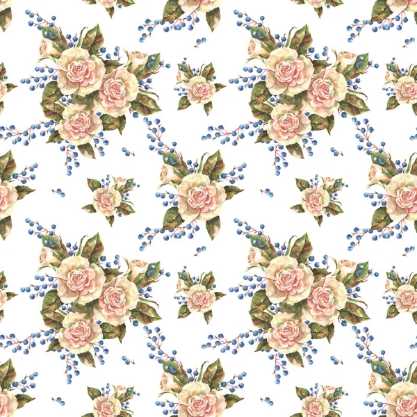 ローズとブルーベリーの水彩のシームレスなパターン 手描きの背景 — ストック写真