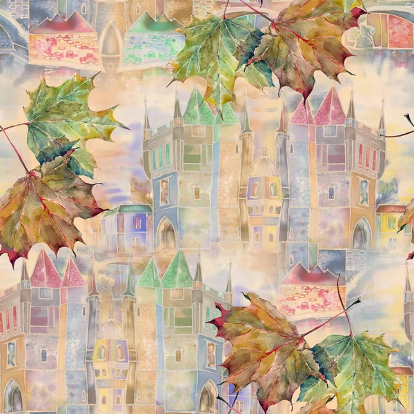 Aquarel Schilderij Van Oude Stad Door Herfst Bladeren — Stockfoto