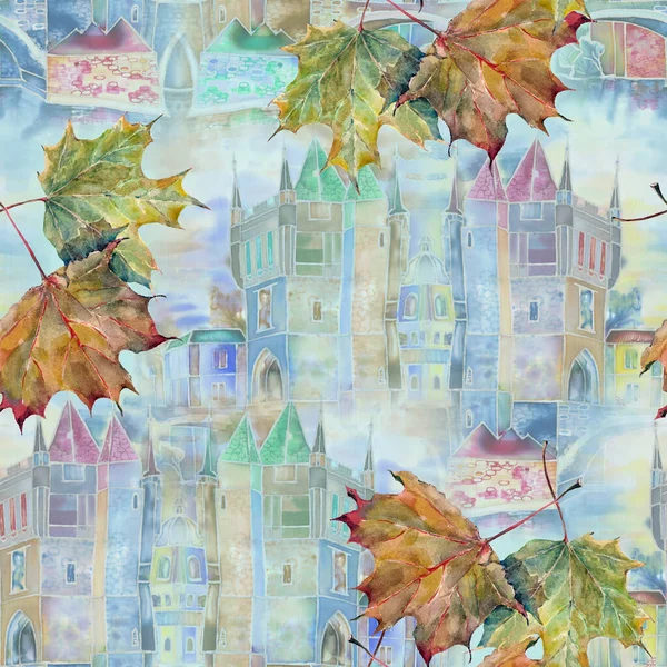 Watercolor Painting Old Town Autumn Leaves — Stock Photo, Image
