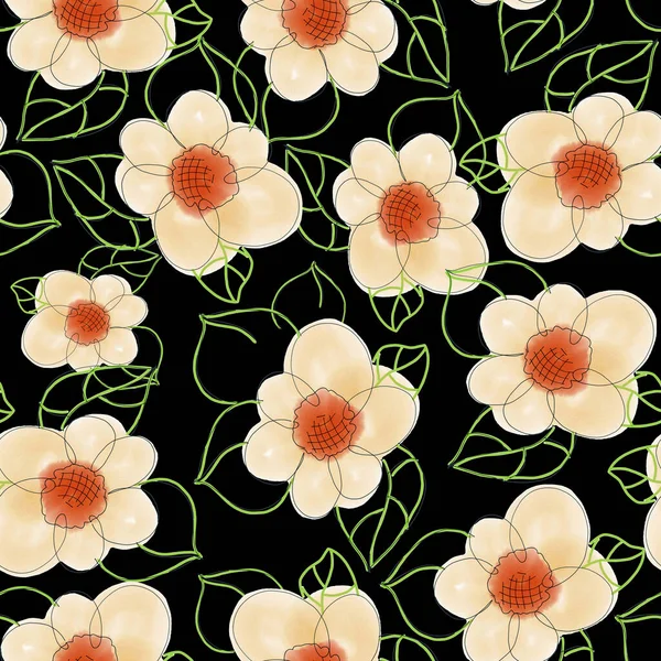 Акварельне Розфарбування Квітів Квітковий Безшовний Візерунок Чорному Тлі — стокове фото