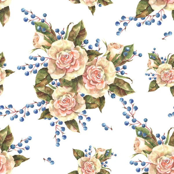 Aquarelle Motif Sans Couture Avec Rose Bleuets Fond Dessiné Main — Photo