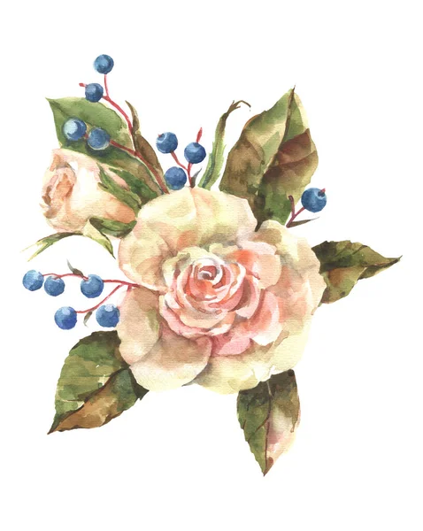 Aquarellmuster Mit Rose Und Blaubeeren Handgezeichneter Hintergrund — Stockfoto