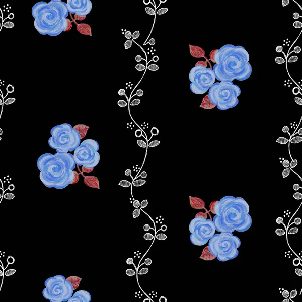 Bezszwowy Wzór Niebieskimi Różami Liśćmi — Zdjęcie stockowe