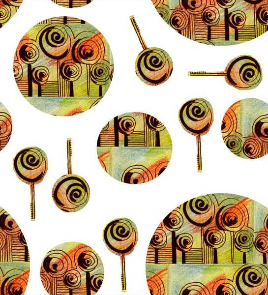 手描きの抽象的な装飾円の木とシームレスなパターン — ストック写真