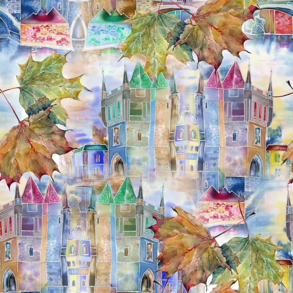 Watercolor Painting Old Town Autumn Leaves — Stock Photo, Image