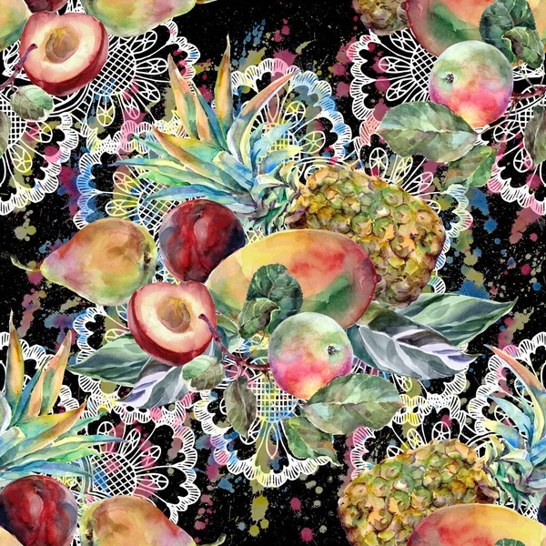 黒の背景に葉と水色の異なるエキゾチックな果物 オープンワークの背景に果物や水彩スプラッシュ 装飾のためのシームレスなパターン — ストック写真