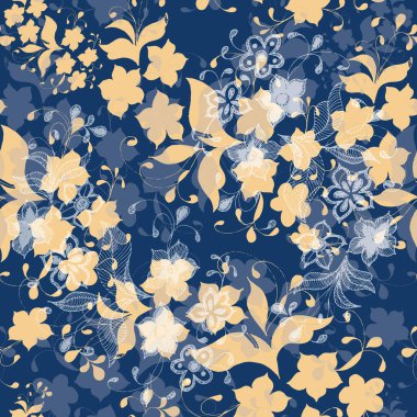 Mavi arka planda dantel çiçekleri olan süs çiçekleri. Vektörsüz desen.