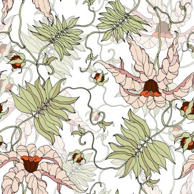 Dekoratif egzotik çiçeklerin desenleri. Tasarım için yaprakları var. Beyaz bir arka planda kusursuz desen. Vektör illüstrasyonu.