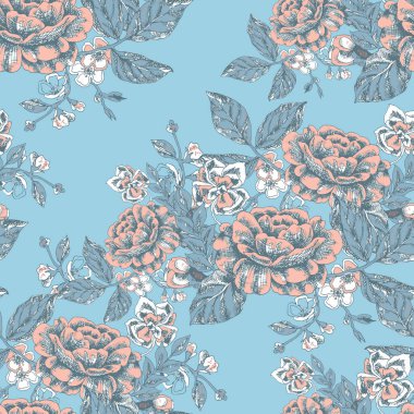 Baskı ve tasarım için grafiksel çiçekler. Monokrom süsler. Mavi arka planda kusursuz desen. Dekor için vektör illüstrasyonu.