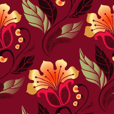 Tasarım için dekoratif çiçekler. Kırmızı arka planda çiçek ve yaprakların süsleri. Çiçeksiz desen. Vektör illüstrasyonu.