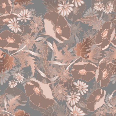 Çiçekler, çiçekli haşhaş ve bej arka planda yapraklar. Çiçeksel vektör pürüzsüz desen.