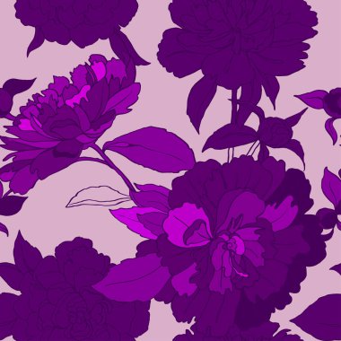 Pembe arka planda yaprakları olan mor şakayık çiçekleri. Çiçeksel vektör pürüzsüz desen.