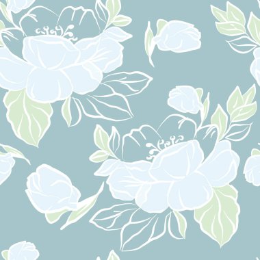 Bahçe çiçekleri şakayığı ve mavi arka planda dekoratif yapraklar. Çiçeksel vektör pürüzsüz desen.