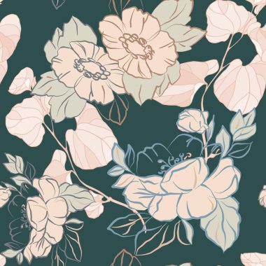 Bahçe çiçekleri yeşil arka planda dekoratif yapraklarla yükseldi. Çiçeksel vektör pürüzsüz desen.