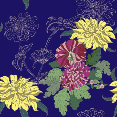 Baskı ve tasarım için grafiksel çiçek kasımpatısı. Menekşe arka planda kusursuz desen. Dekor için vektör illüstrasyonu.