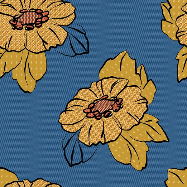Візерунок Декоративних Квітів Листям Дизайну Безшовний Візерунок Синьому Фоні Векторні — стоковий вектор