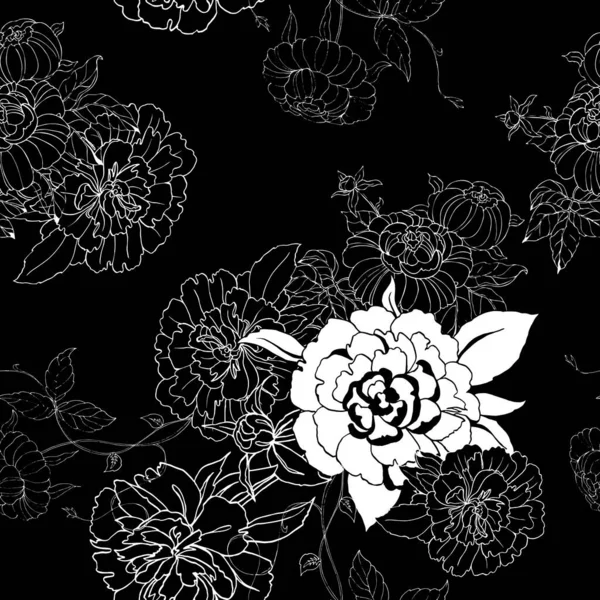 Bouquet Monochrome Flowers Peony Leaves Black Background Vector Seamless Pattern — Stock Vector