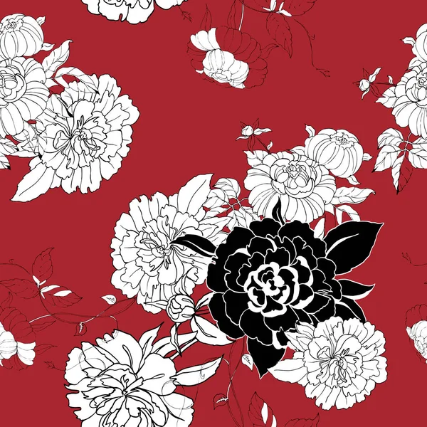 Bouquet Monochrome Flowers Peony Leaves Red Background Vector Seamless Pattern — Stock Vector