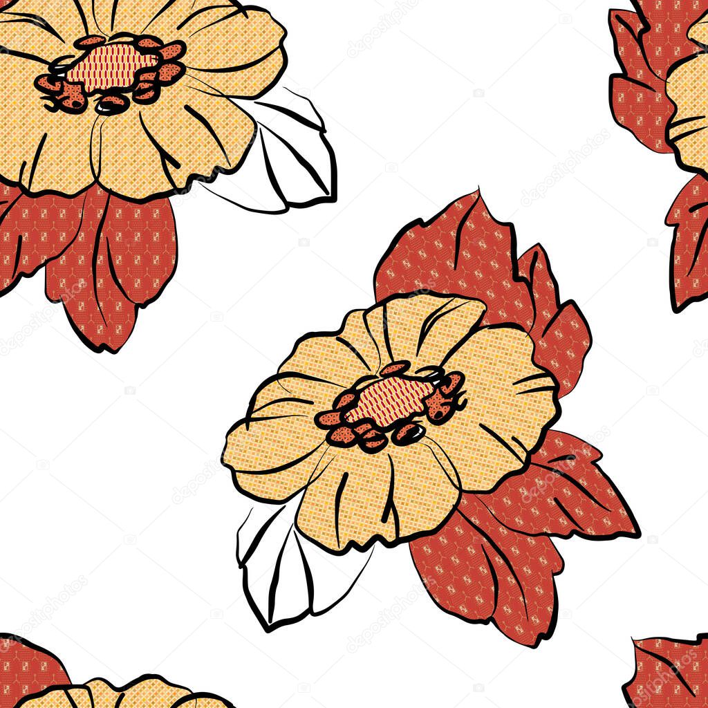 Pattern from decorative flowers with leaves for design. Seamless pattern on a white background. Vector illustration.