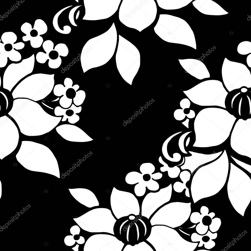 Flowers with leaves. Spring composition. Seamless pattern on black background. Monochrome vector