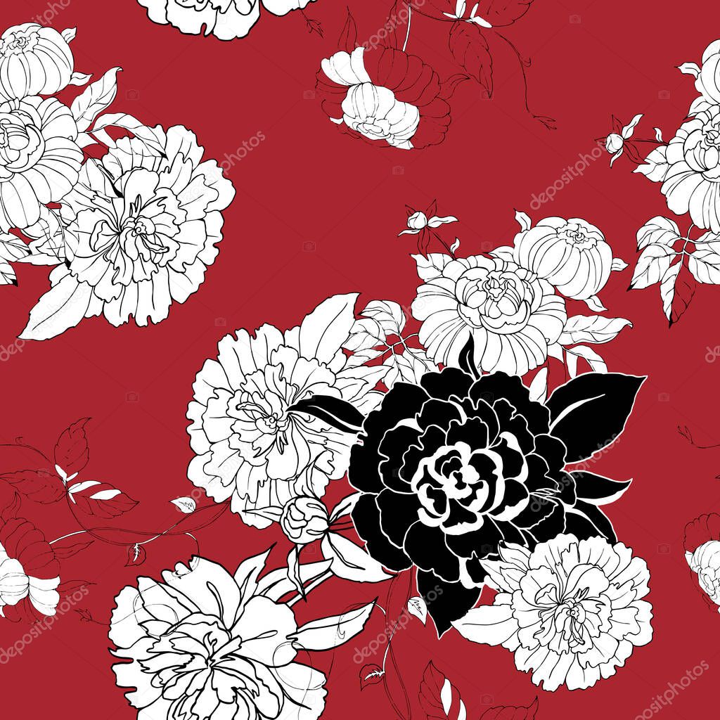 Bouquet monochrome flowers peony with leaves on red background. Vector seamless pattern.