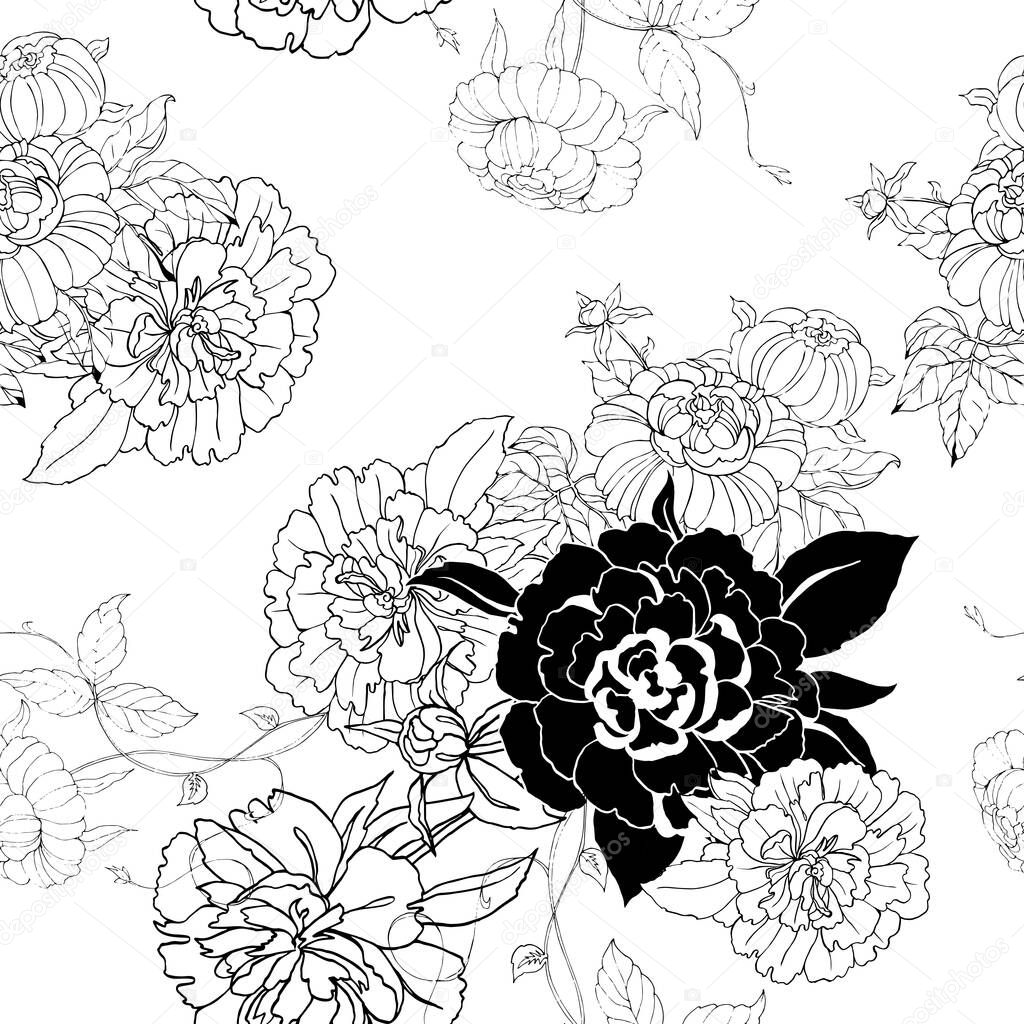 Bouquet monochrome flowers peony with leaves on white background. Vector seamless pattern.