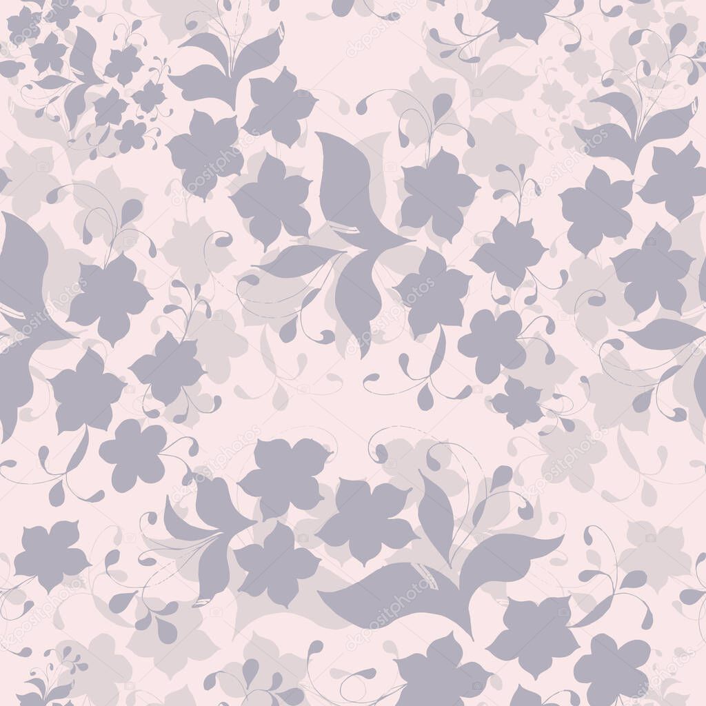 Branch decorative flowers on pink background. Vector seamless pattern.