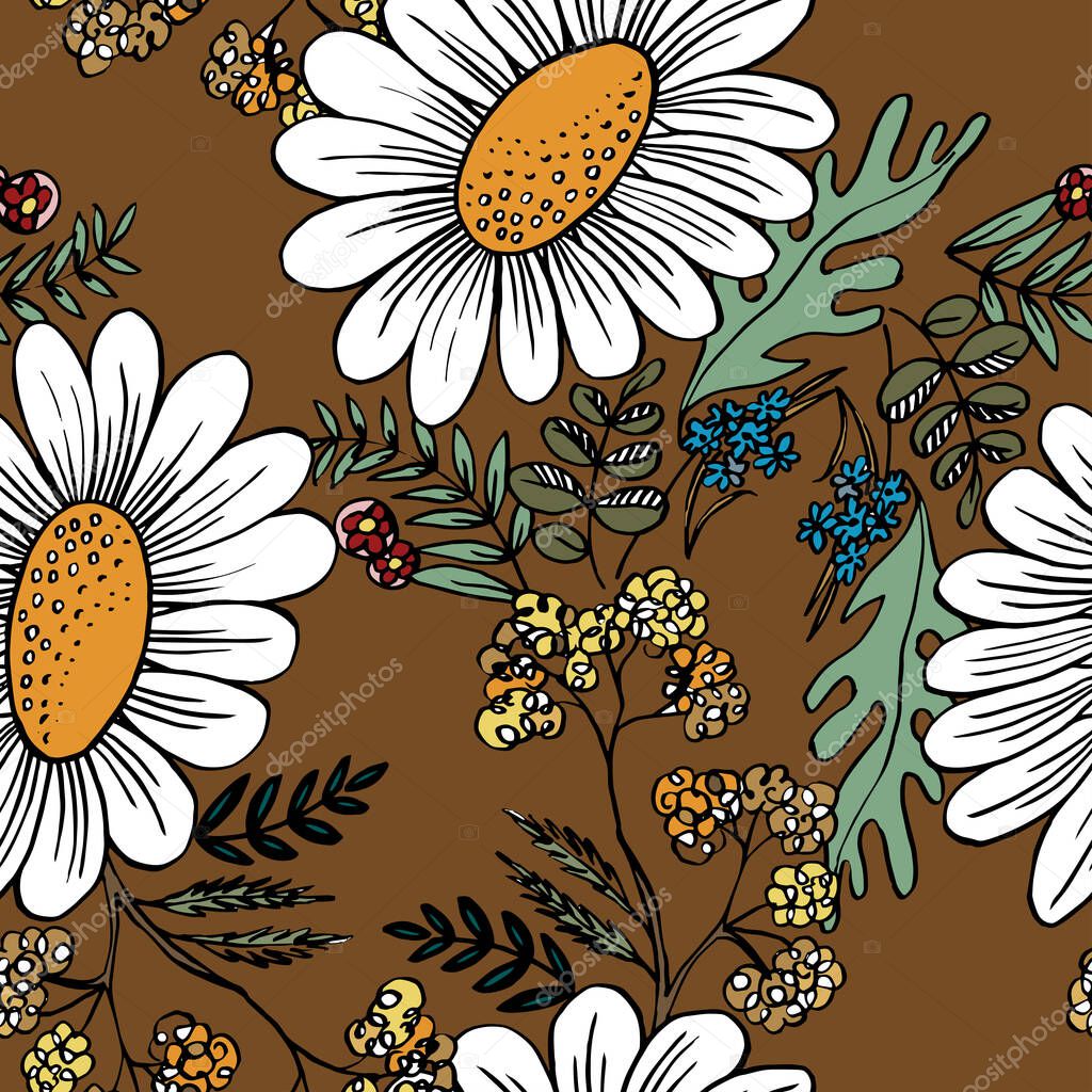 Big meadow flowers chamomile with grass on brown background. Vector seamless pattern.