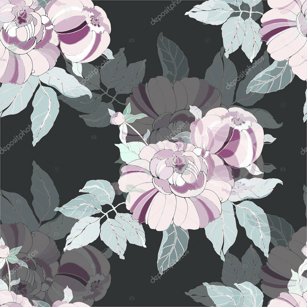 Flowers peony with leaf on black background. Floral seamless pattern. Vector.