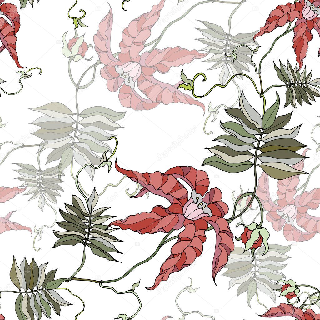Pattern from decorative exotic flowers with leaves for design. Seamless pattern on a white background. Vector illustration.