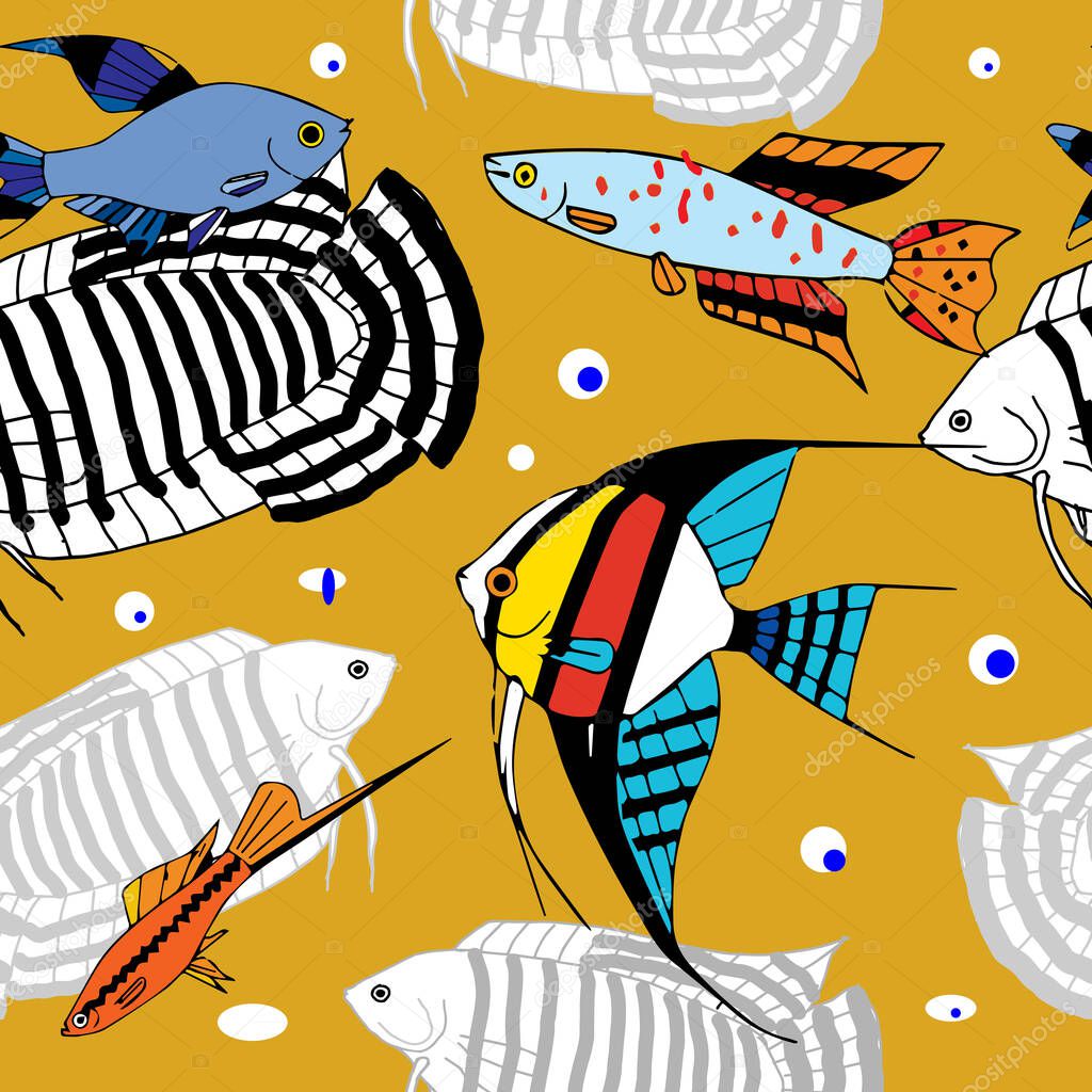  Beautiful marine seamless pattern. Different exotic sea fish on ochre background. 