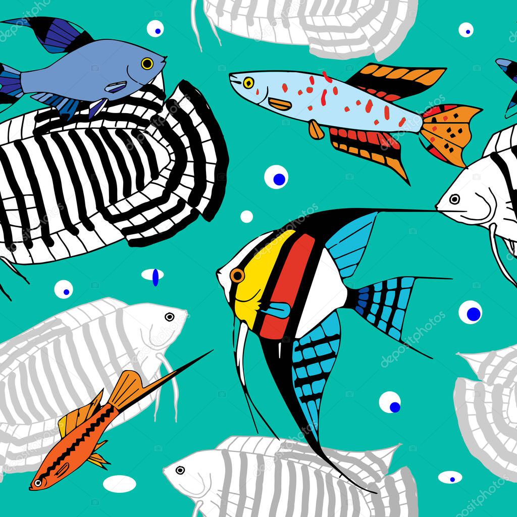  Beautiful marine seamless pattern. Different exotic sea fish on green background. 