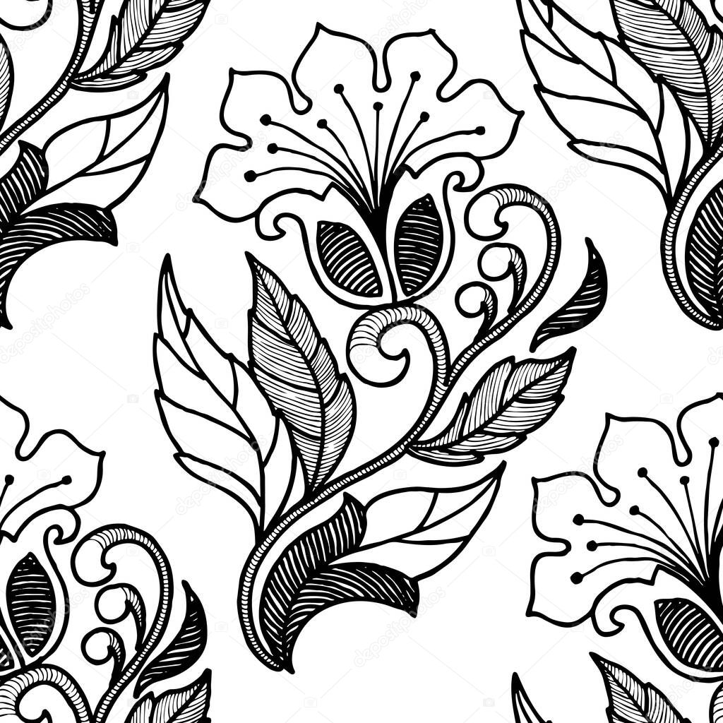 Pattern from lace flower with leaves for design. Monochrome seamless pattern on a white background. Vector illustration.