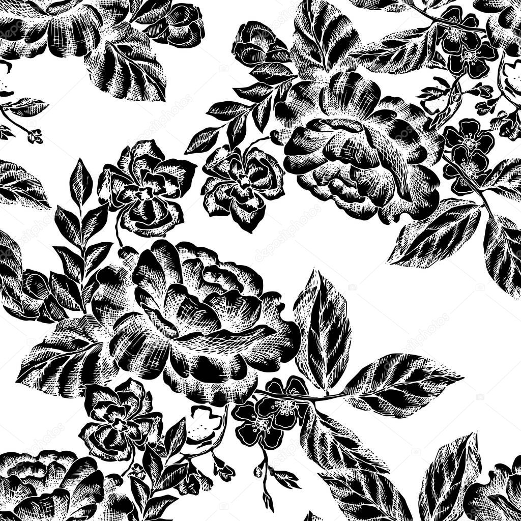 Graphic flowers for printed and design. Monochrome ornaments. Seamless pattern on white background. Vector illustration for decor.