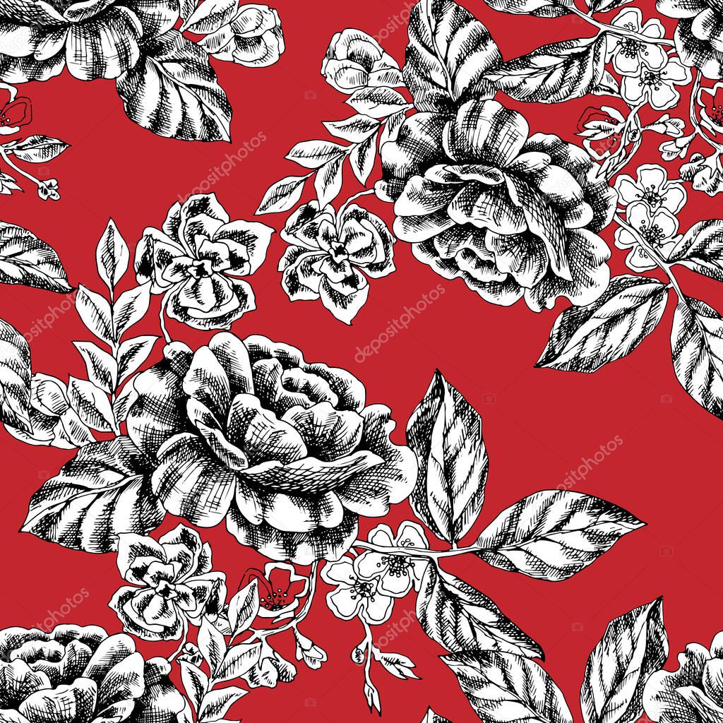 Graphic flowers for printed and design. Monochrome ornaments. Seamless pattern on red background. Vector illustration for decor.