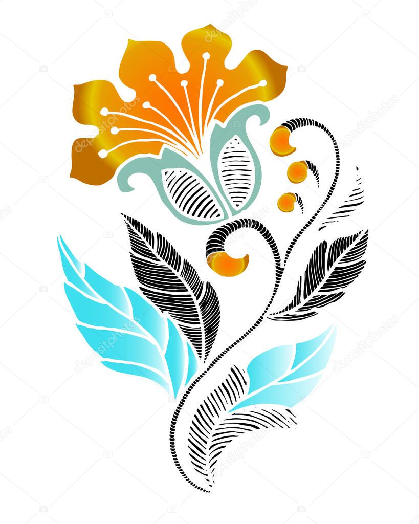Decorative flowers with leaves on a white background.  Vector illustration.