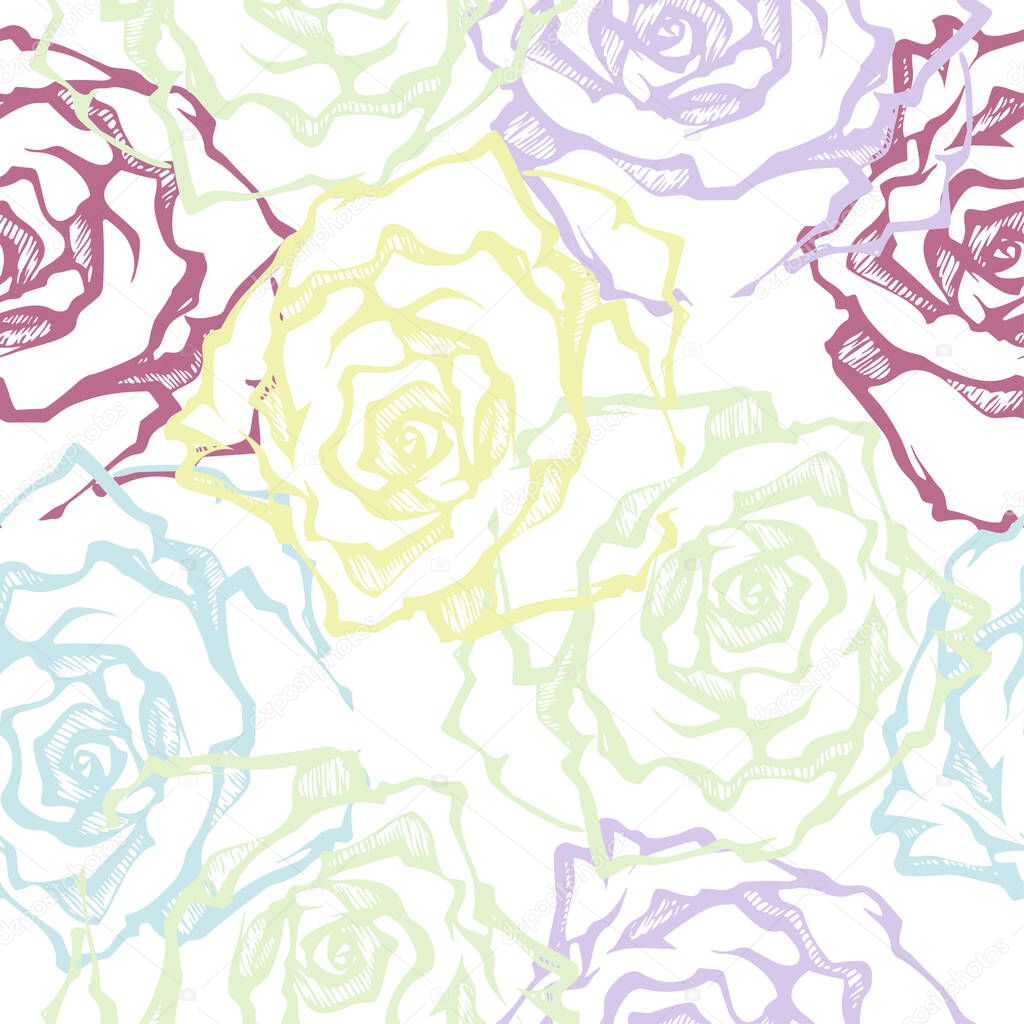 Graphic flowers rose. Floral vector seamless pattern on white background.