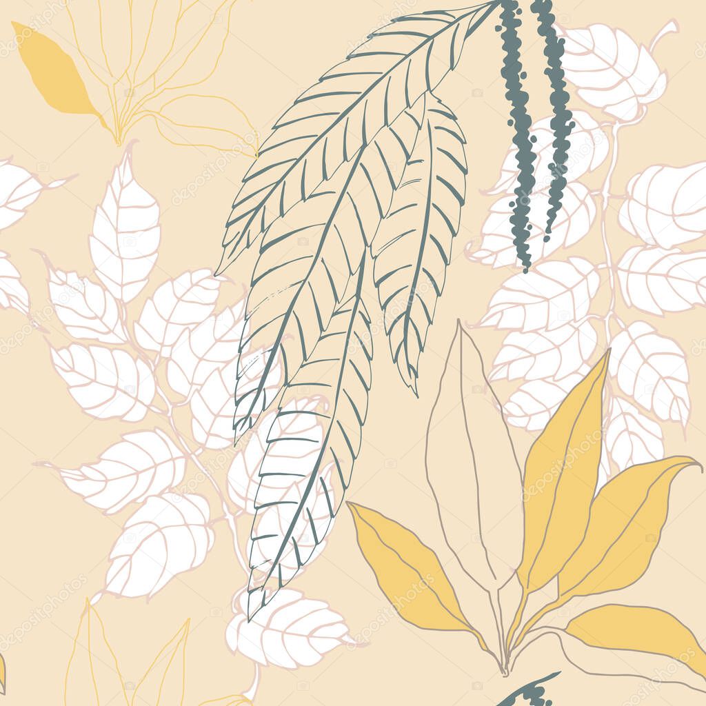 Graphic different garden leaves. Foliage vector seamless pattern on beige background.