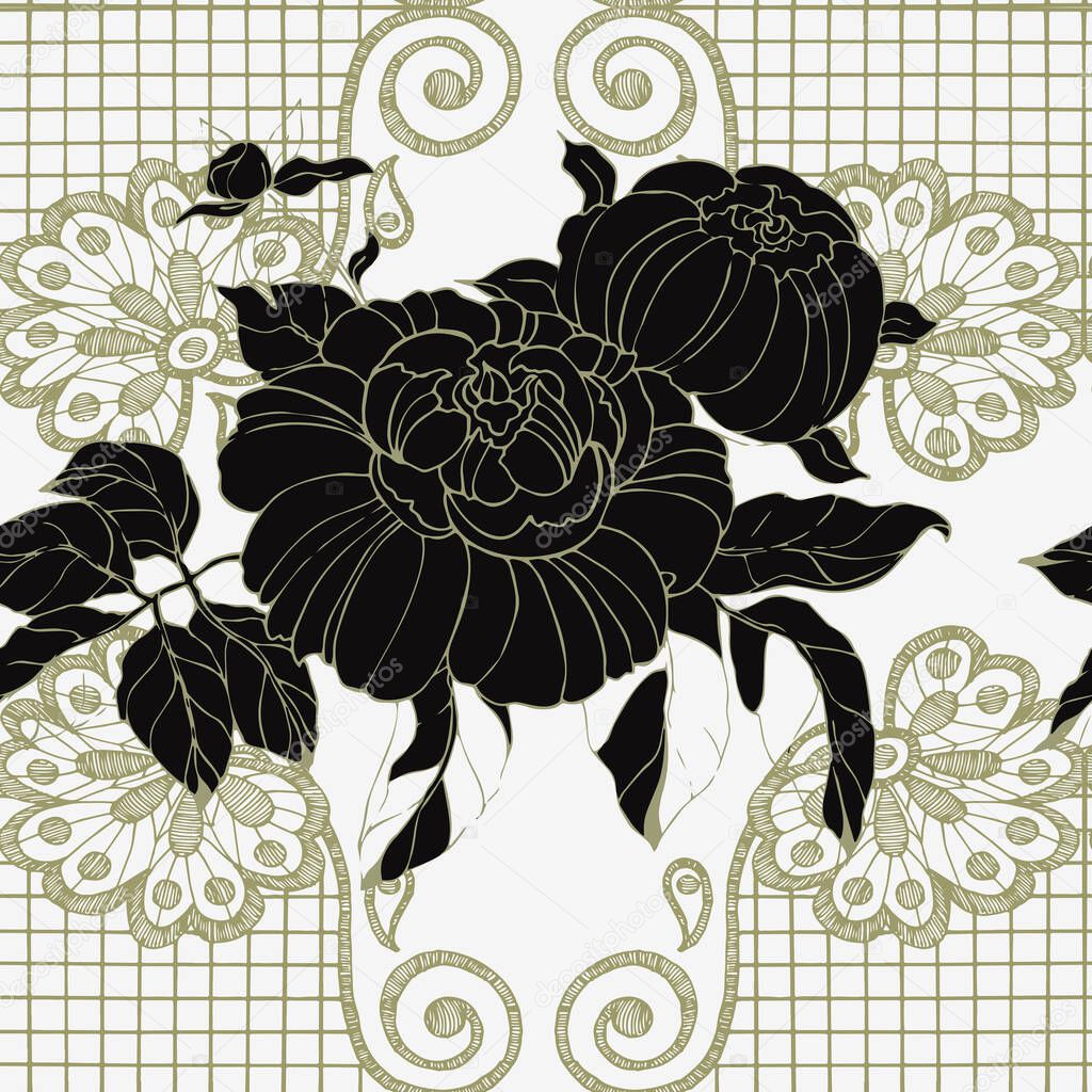 Graphic flowers peony with lace . Floral vector seamless pattern on milk background.