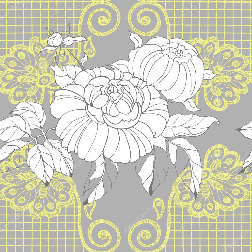 Graphic flowers peony with lace . Floral vector seamless pattern on gray background.