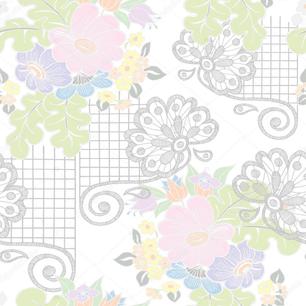 Floral lace with of bouquet colorful flowers. Vector seamless pattern on white background.