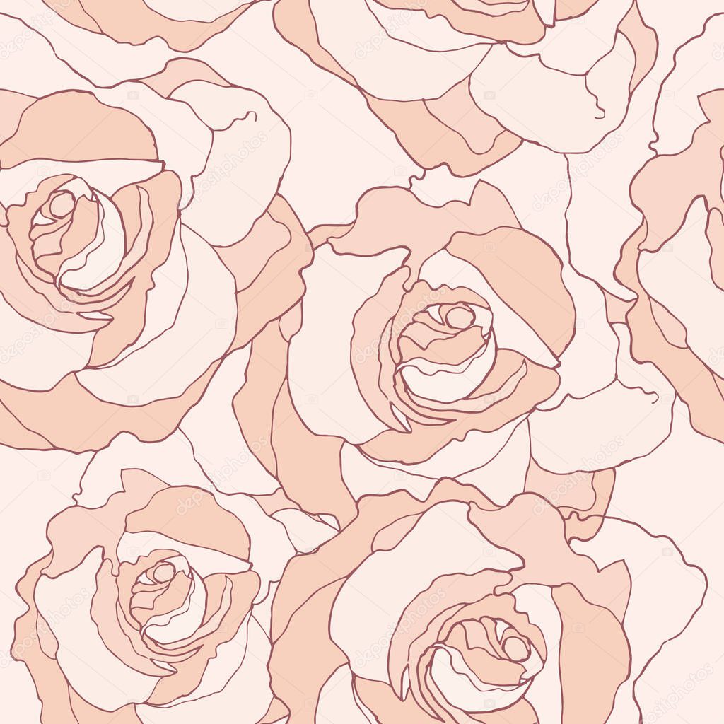  Graphic flowers rose for printed and design.  Seamless pattern on beige background. Vector illustration for decor.
