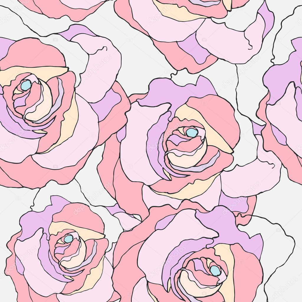  Graphic flowers rose for printed and design.  Seamless pattern on gray background. Vector illustration for decor.