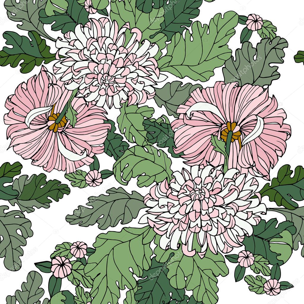 Graphic flowers chrysanthemum for printed and design. Seamless pattern on white background. Vector illustration for decor.