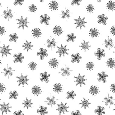 Baskı ve tasarım için grafiksel dantel çiçekler. Monokrom süsler. Beyaz arkaplanda pürüzsüz desen. 