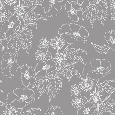 Gri arka planda çizgili çayır çiçekleri. Vahşi çiçeklerin kusursuz deseni.