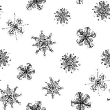 Baskı ve tasarım için grafiksel dantel çiçekler. Monokrom süsler. Beyaz arkaplanda pürüzsüz desen. 