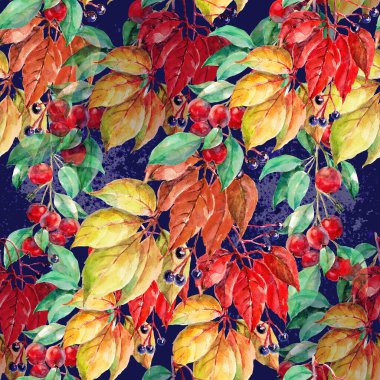 Suluboya desensiz yapraklar ve koyu mavi arkaplanda böğürtlen.